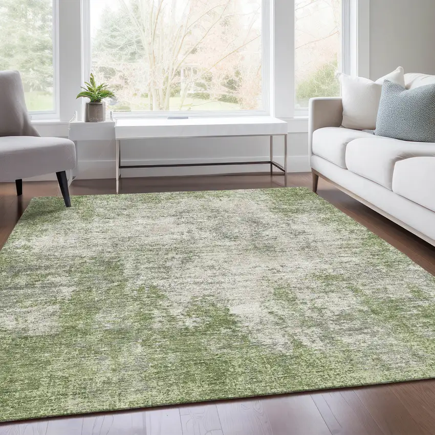 Green And Ivory Abstract Washable Area Rug With UV Protection Photo 6