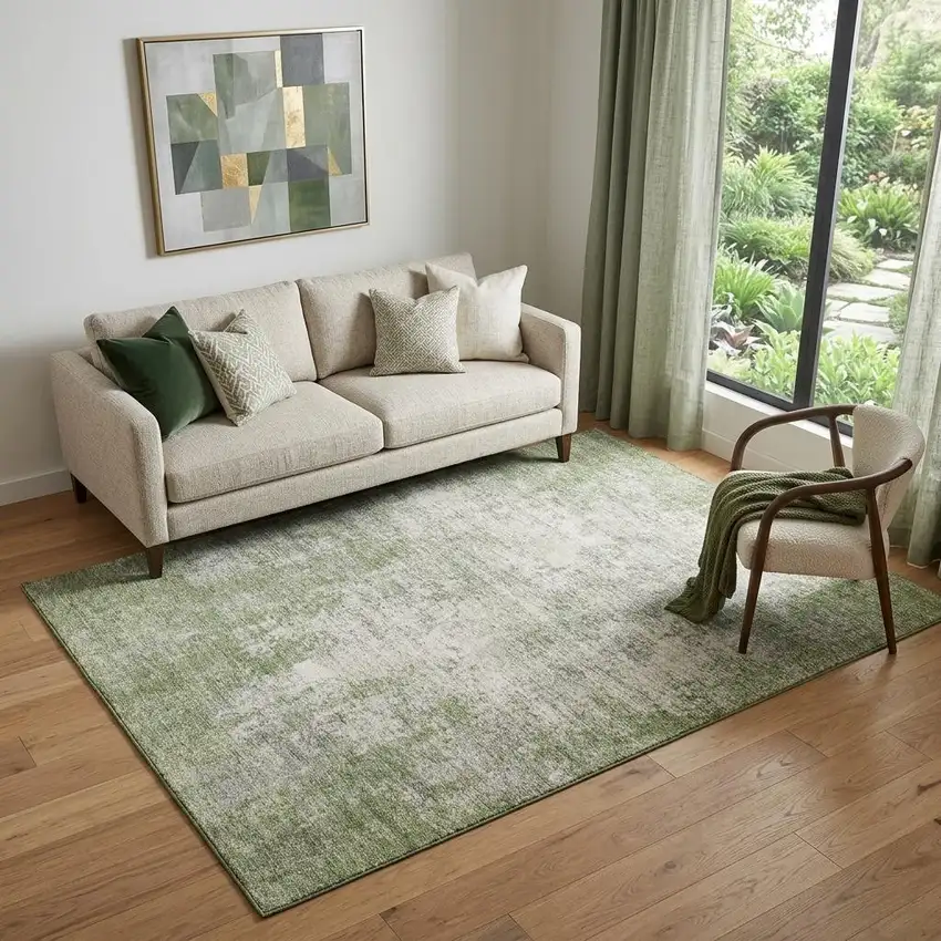 Green And Ivory Abstract Washable Area Rug With UV Protection Photo 1