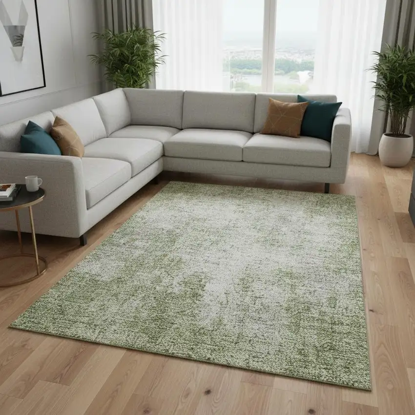 Green And Ivory Abstract Washable Area Rug With UV Protection Photo 2