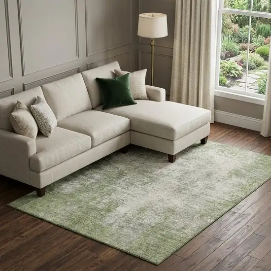Green And Ivory Abstract Washable Area Rug With UV Protection Photo 1