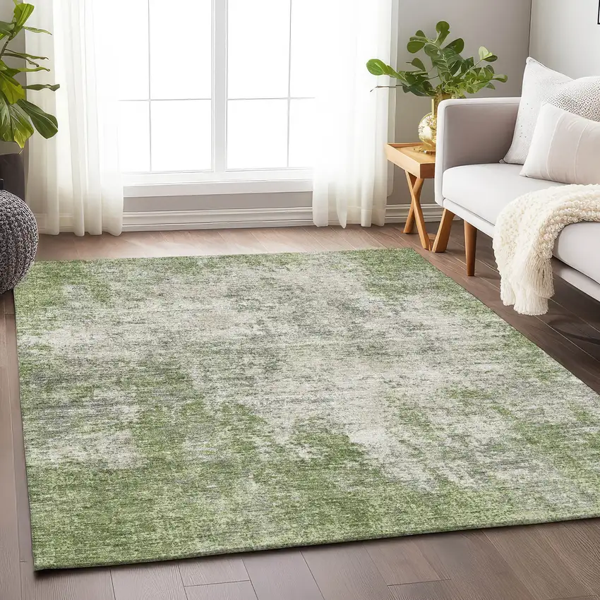 Green And Ivory Abstract Washable Area Rug With UV Protection Photo 4