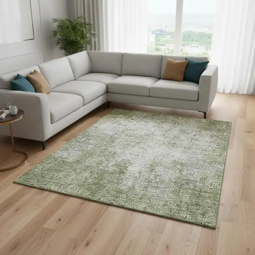 Green And Ivory Abstract Washable Area Rug With UV Protection Photo 2