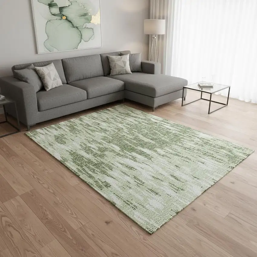 Green And Ivory Abstract Washable Area Rug With UV Protection Photo 2