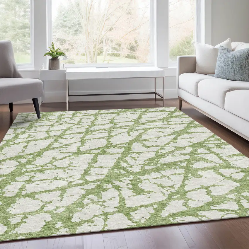 Green And Ivory Abstract Washable Area Rug With UV Protection Photo 4