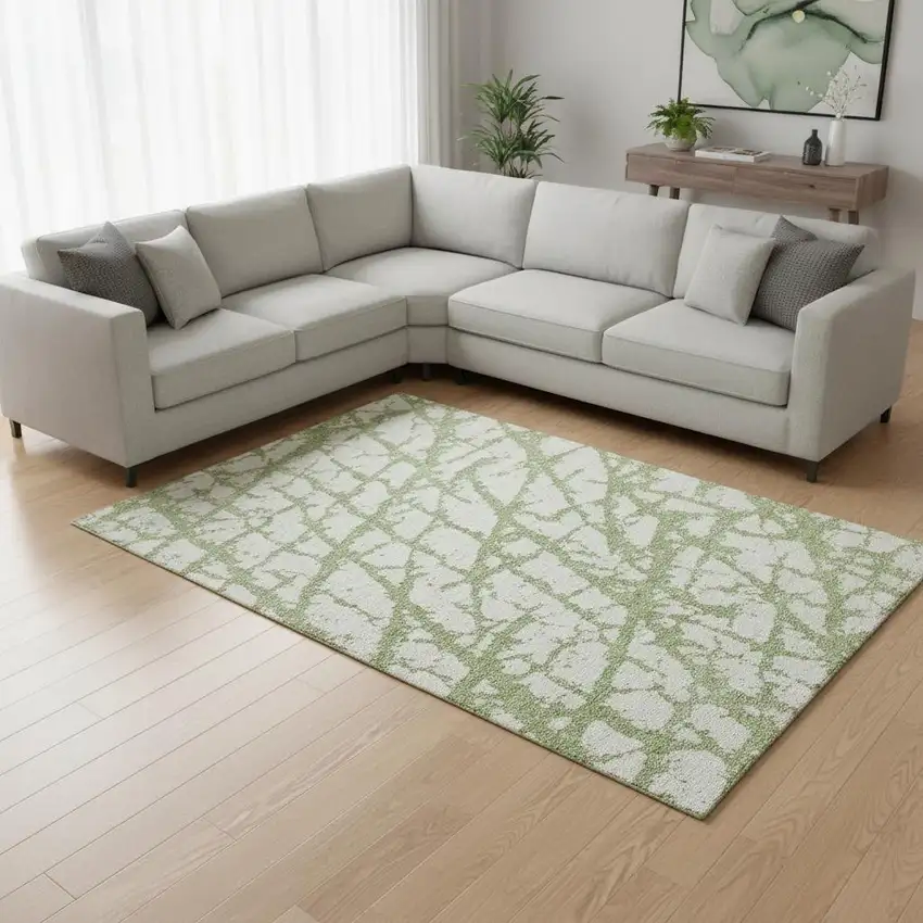 Green And Ivory Abstract Washable Area Rug With UV Protection Photo 2