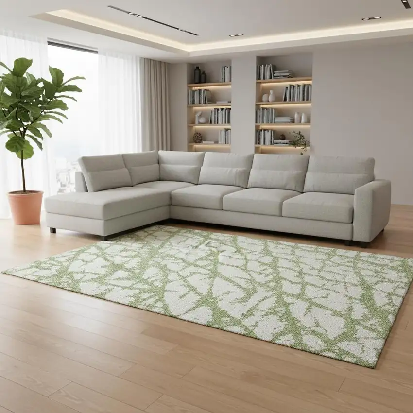 Green And Ivory Abstract Washable Area Rug With UV Protection Photo 2