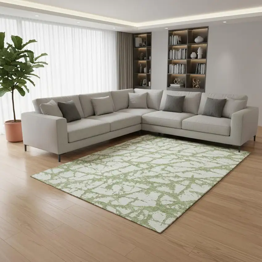 Green And Ivory Abstract Washable Area Rug With UV Protection Photo 2