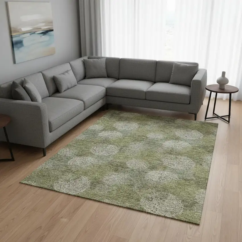 Green And Ivory Abstract Washable Area Rug With UV Protection Photo 2