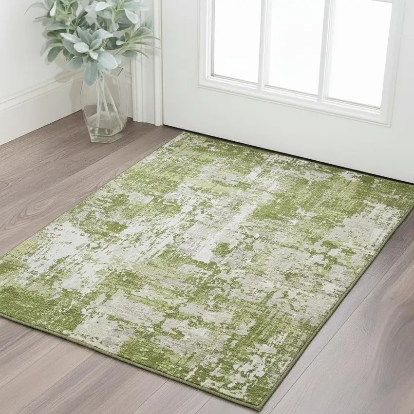 Green And Ivory Abstract Washable Area Rug With UV Protection Photo 2