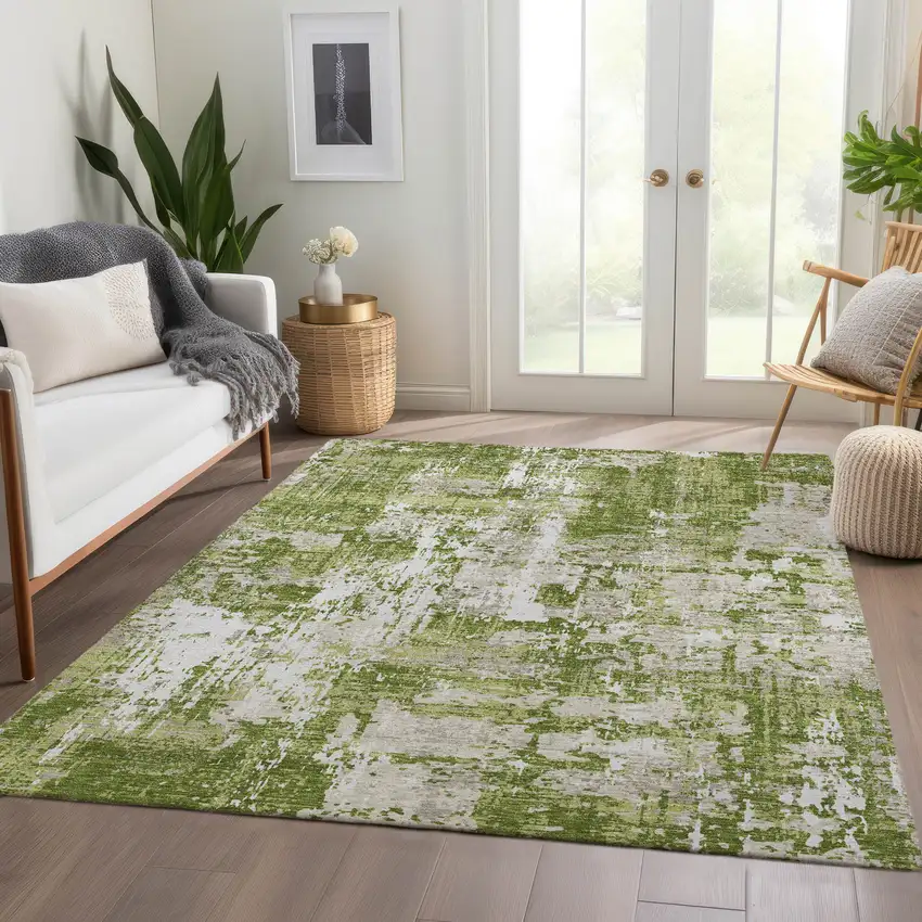 Green And Ivory Abstract Washable Area Rug With UV Protection Photo 5
