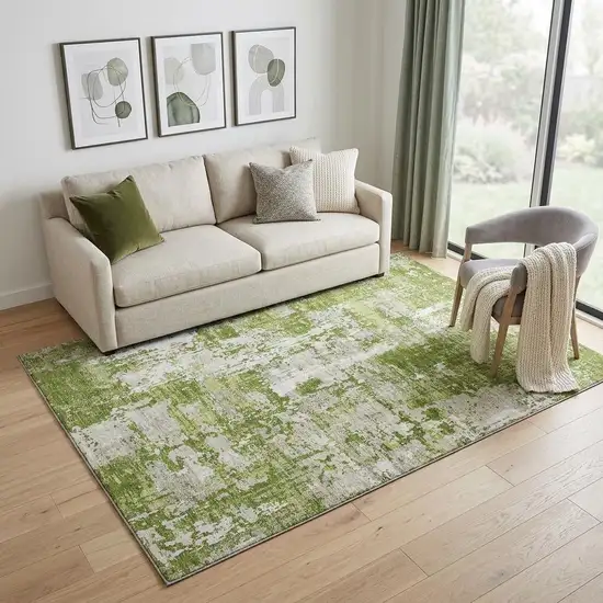 Green And Ivory Abstract Washable Area Rug With UV Protection Photo 1