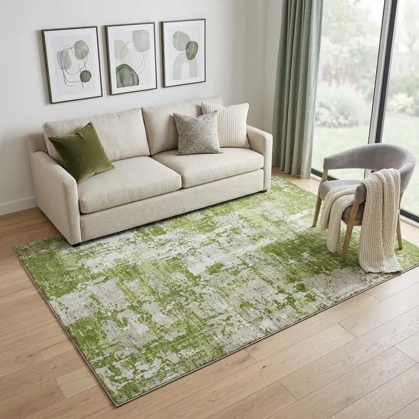 Green And Ivory Abstract Washable Area Rug With UV Protection Photo 1