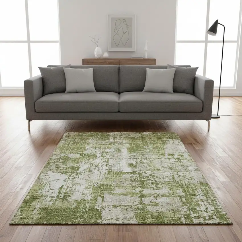 Green And Ivory Abstract Washable Area Rug With UV Protection Photo 2