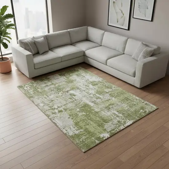 Green And Ivory Abstract Washable Area Rug With UV Protection Photo 2
