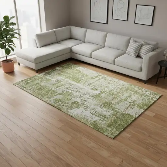 Green And Ivory Abstract Washable Area Rug With UV Protection Photo 2