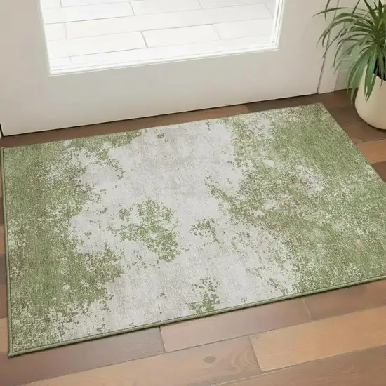 Green And Ivory Abstract Washable Area Rug With UV Protection Photo 2