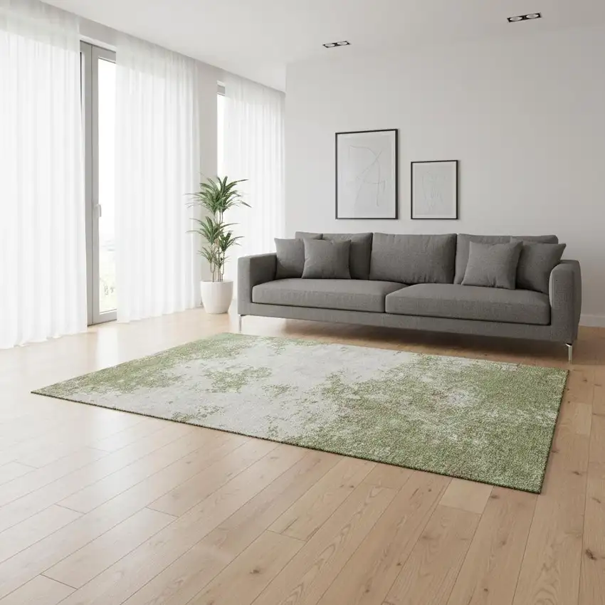 Green And Ivory Abstract Washable Area Rug With UV Protection Photo 2