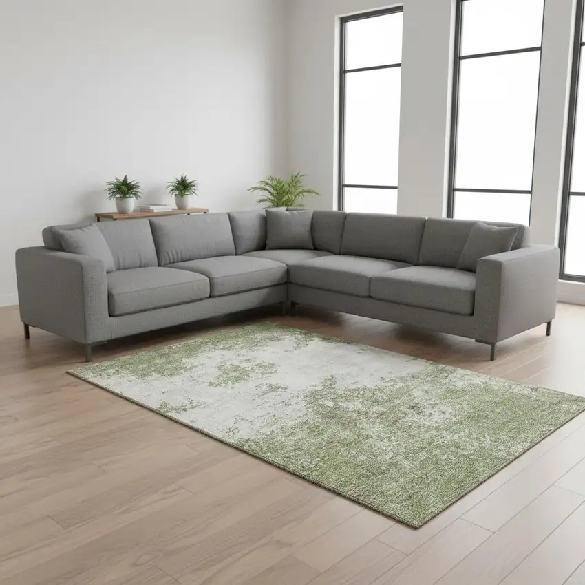 Green And Ivory Abstract Washable Area Rug With UV Protection Photo 2