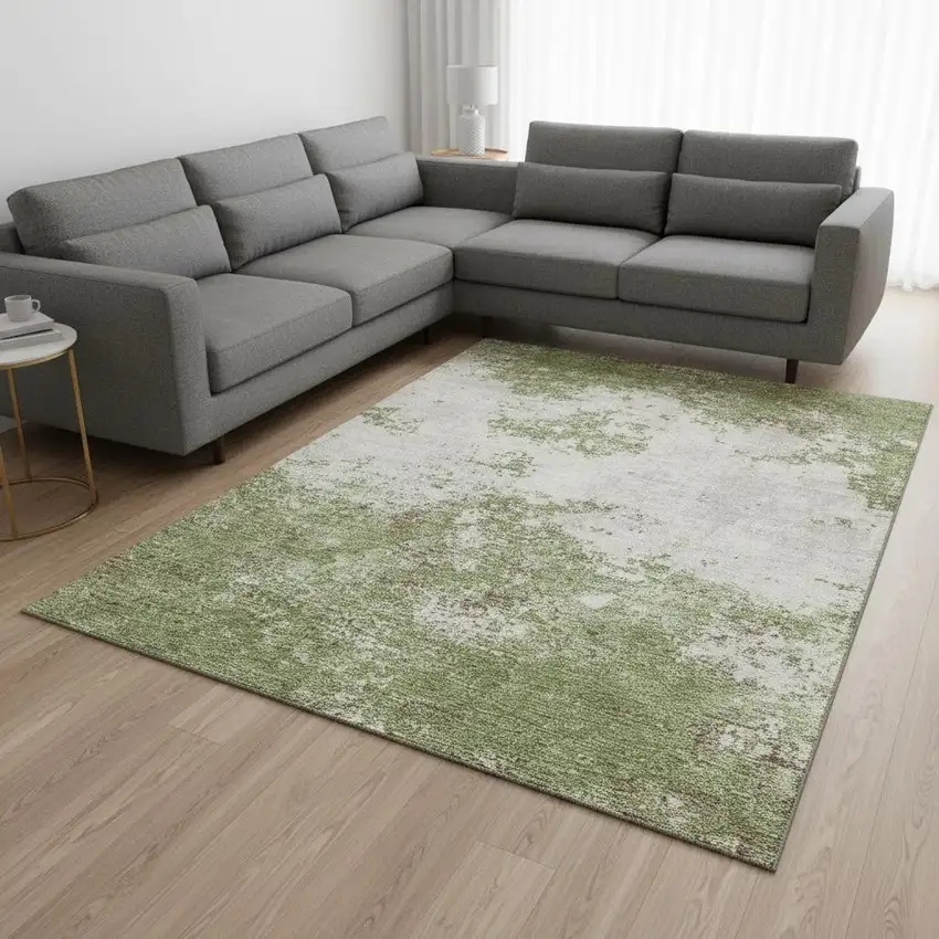 Green And Ivory Abstract Washable Area Rug With UV Protection Photo 2