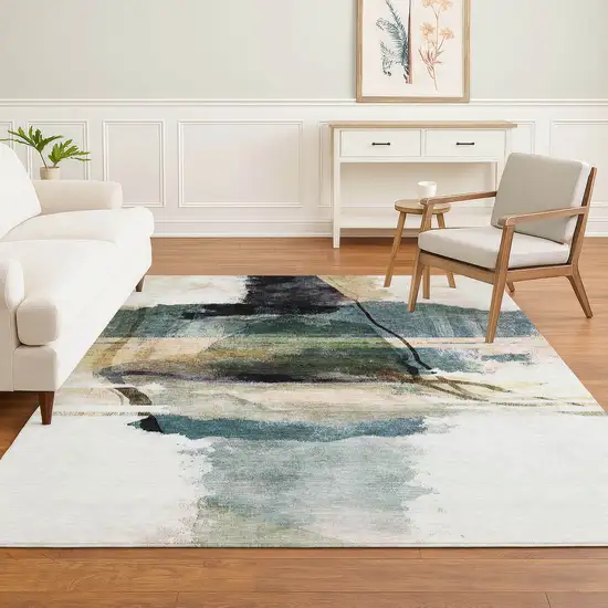 Green And Ivory Abstract Washable Area Rug With UV Protection Photo 6