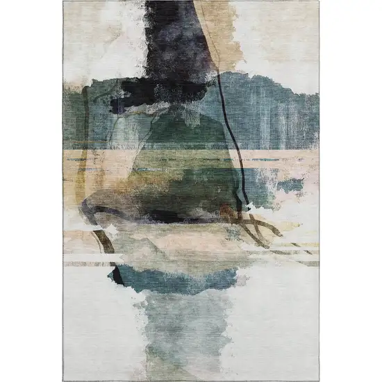 Green And Ivory Abstract Washable Area Rug With UV Protection Photo 2