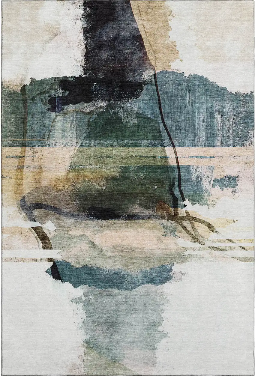 Green And Ivory Abstract Washable Area Rug With UV Protection Photo 2