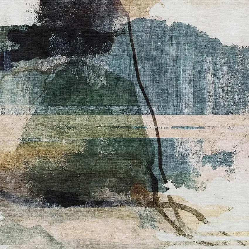 Green And Ivory Abstract Washable Area Rug With UV Protection Photo 3