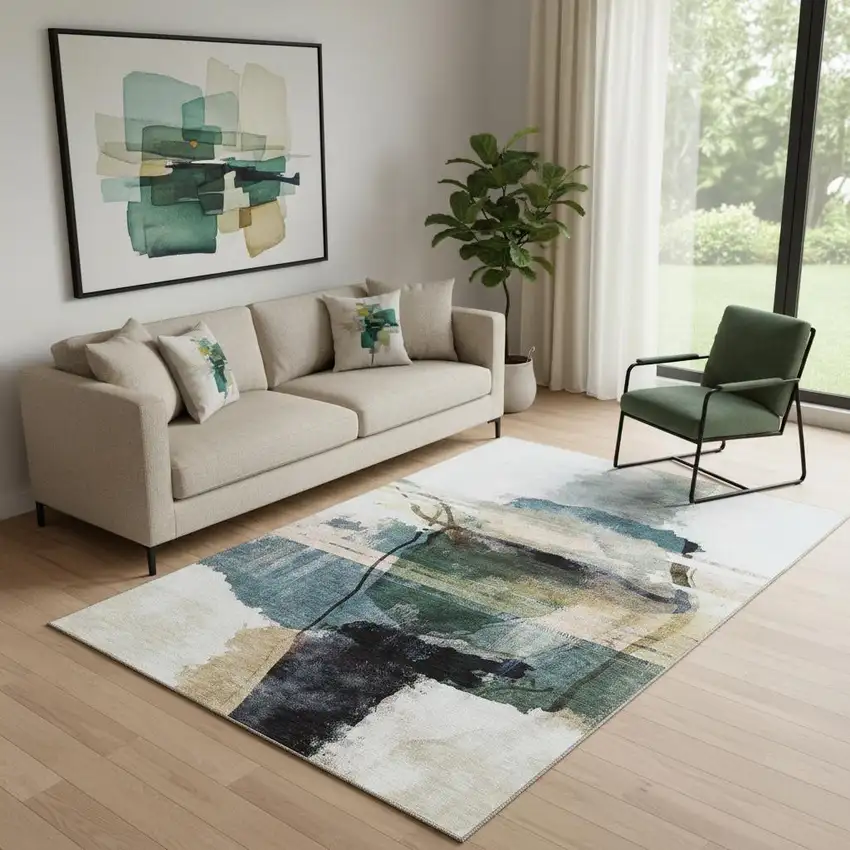 Green And Ivory Abstract Washable Area Rug With UV Protection Photo 2