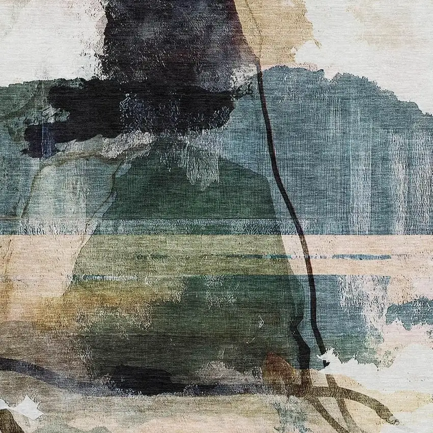 Green And Ivory Abstract Washable Area Rug With UV Protection Photo 3