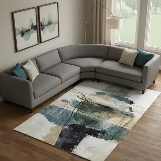 Green And Ivory Abstract Washable Area Rug With UV Protection Photo 2