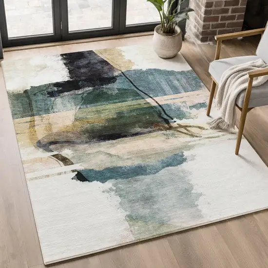 Green And Ivory Abstract Washable Area Rug With UV Protection Photo 5