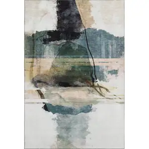 Photo of Green And Ivory Abstract Washable Area Rug With UV Protection