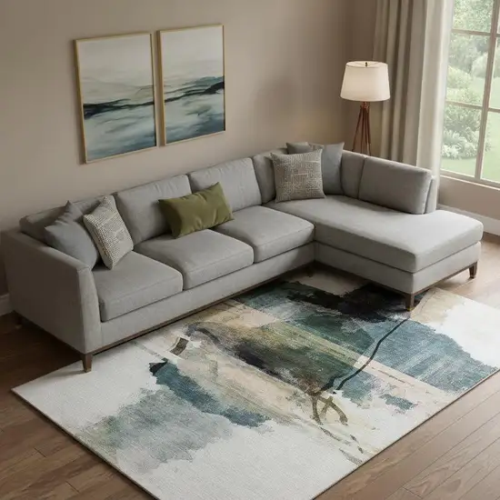 Green And Ivory Abstract Washable Area Rug With UV Protection Photo 1