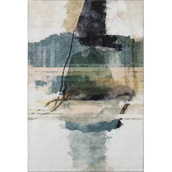 Green And Ivory Abstract Washable Area Rug With UV Protection Photo 4