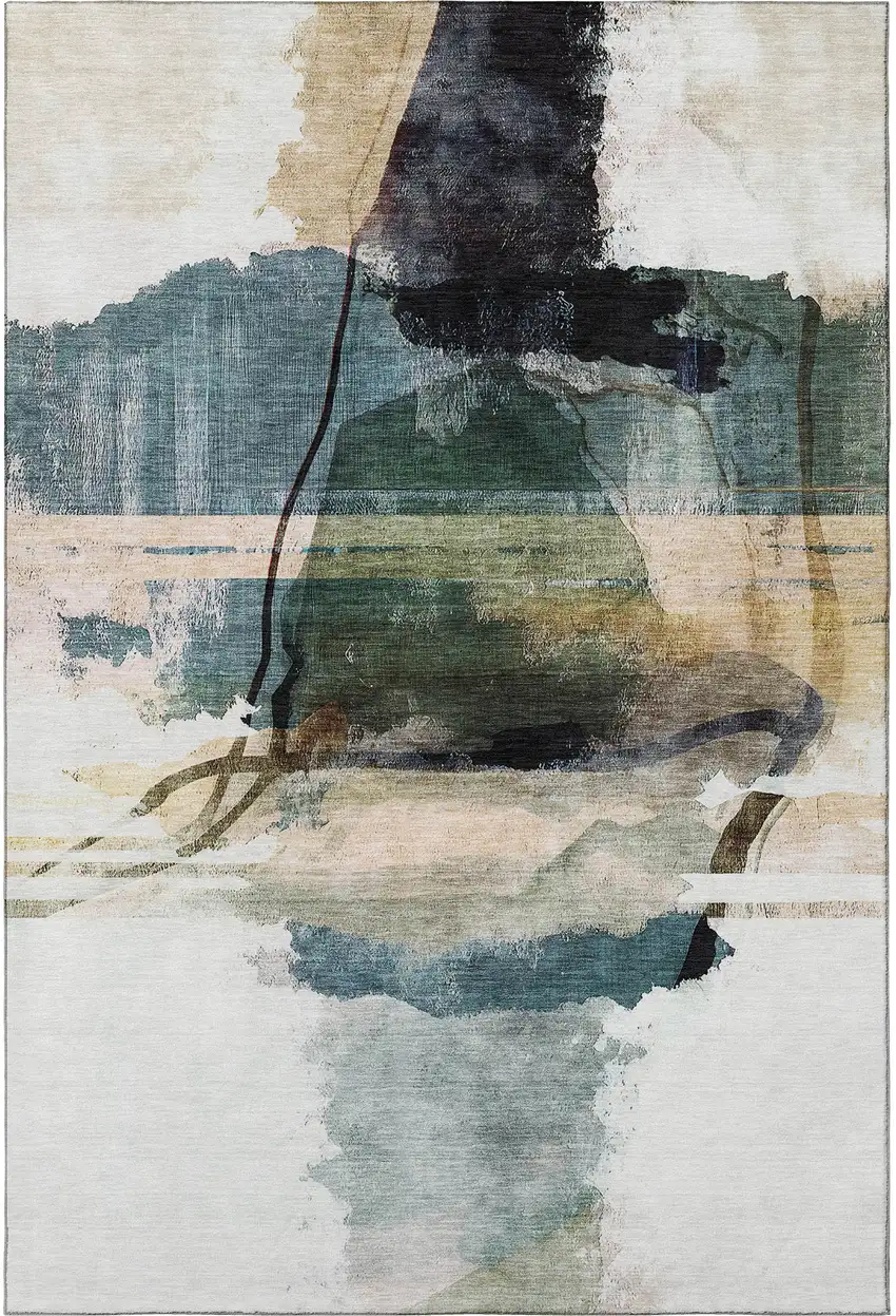 Green And Ivory Abstract Washable Area Rug With UV Protection Photo 4