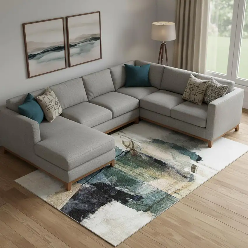 Green And Ivory Abstract Washable Area Rug With UV Protection Photo 2