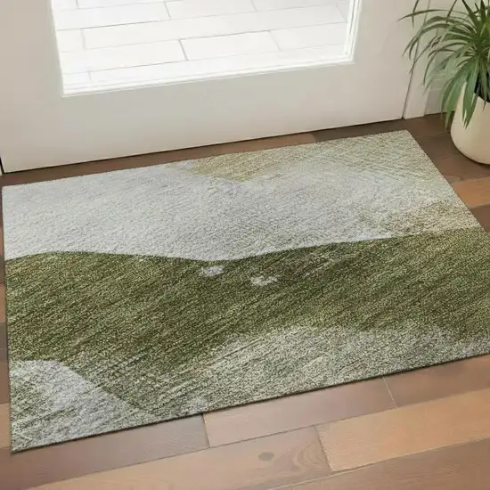 Green And Ivory Abstract Washable Area Rug With UV Protection Photo 2