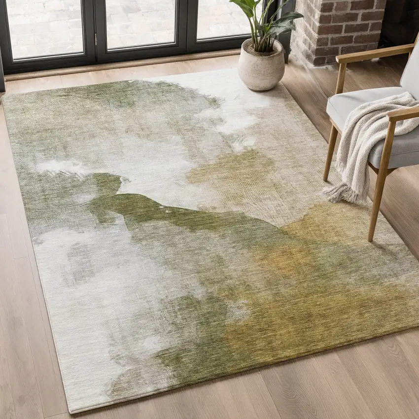 Green And Ivory Abstract Washable Area Rug With UV Protection Photo 3