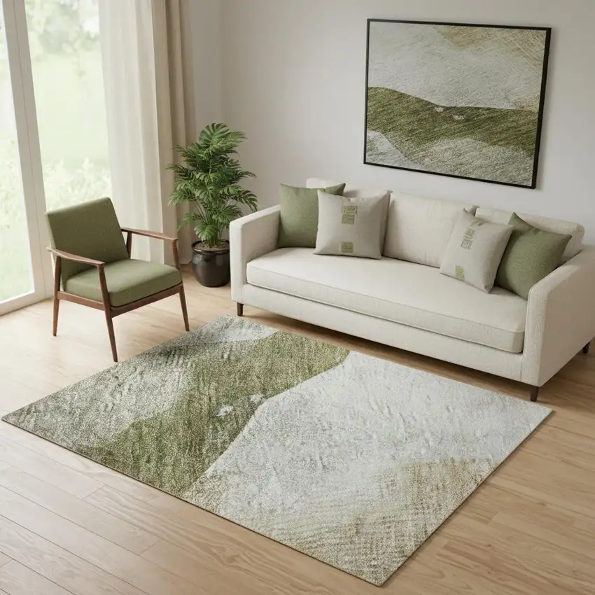 Green And Ivory Abstract Washable Area Rug With UV Protection Photo 2