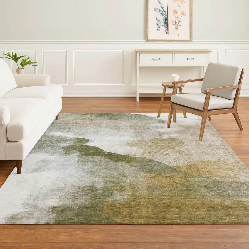 Green And Ivory Abstract Washable Area Rug With UV Protection Photo 4