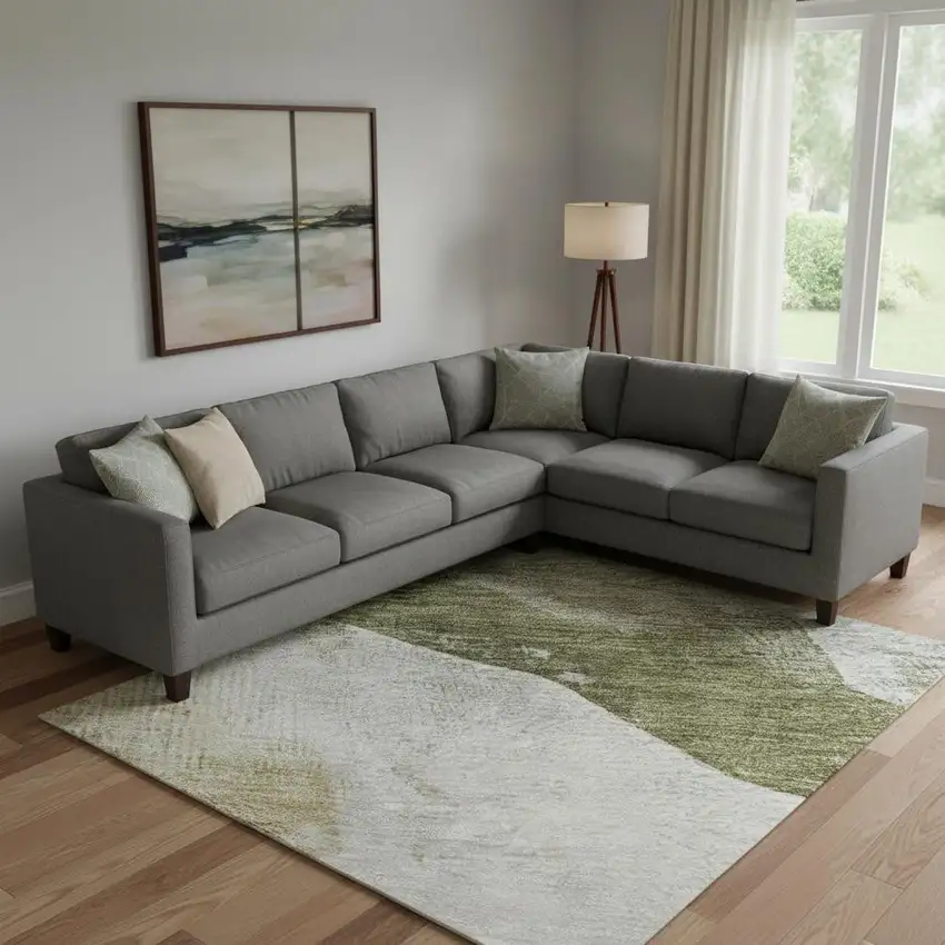 Green And Ivory Abstract Washable Area Rug With UV Protection Photo 2