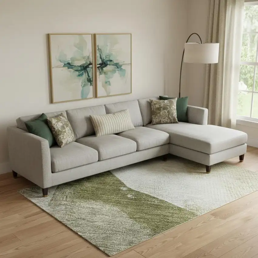 Green And Ivory Abstract Washable Area Rug With UV Protection Photo 2