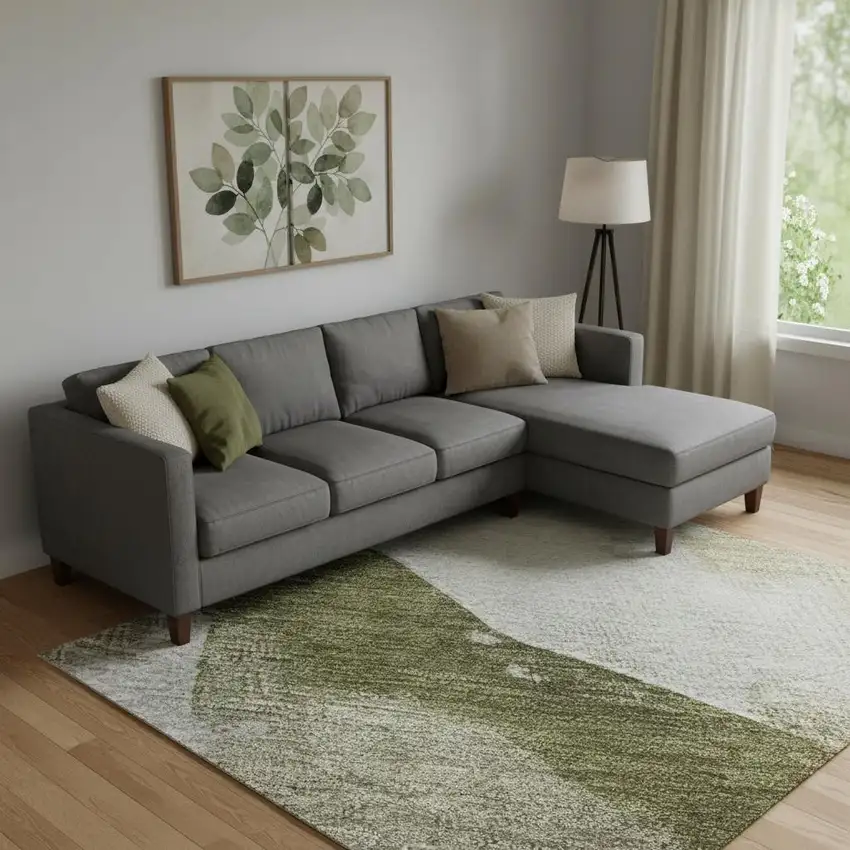 Green And Ivory Abstract Washable Area Rug With UV Protection Photo 2