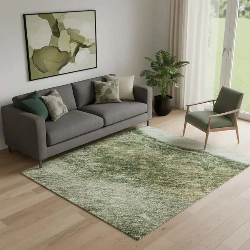 Green And Ivory Abstract Washable Area Rug With UV Protection Photo 2