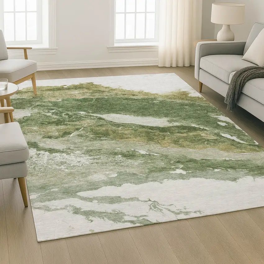 Green And Ivory Abstract Washable Area Rug With UV Protection Photo 6
