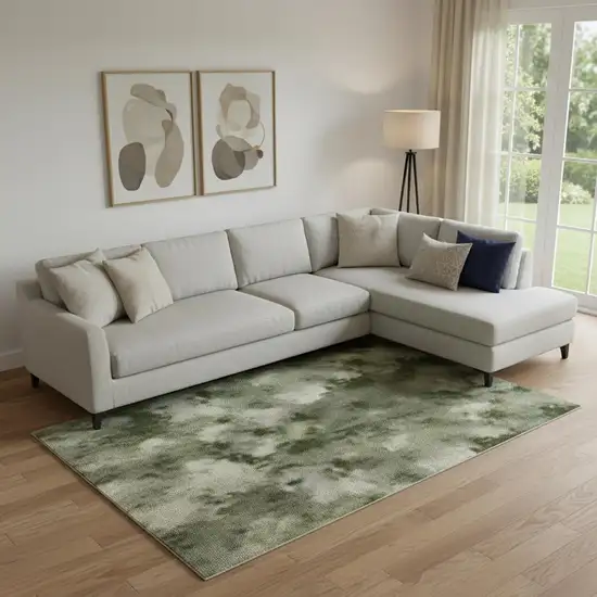 Green And Ivory Abstract Washable Area Rug With UV Protection Photo 2