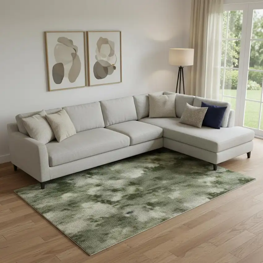 Green And Ivory Abstract Washable Area Rug With UV Protection Photo 2