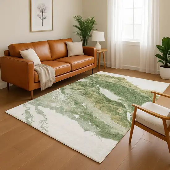 Green And Ivory Abstract Washable Area Rug With UV Protection Photo 4