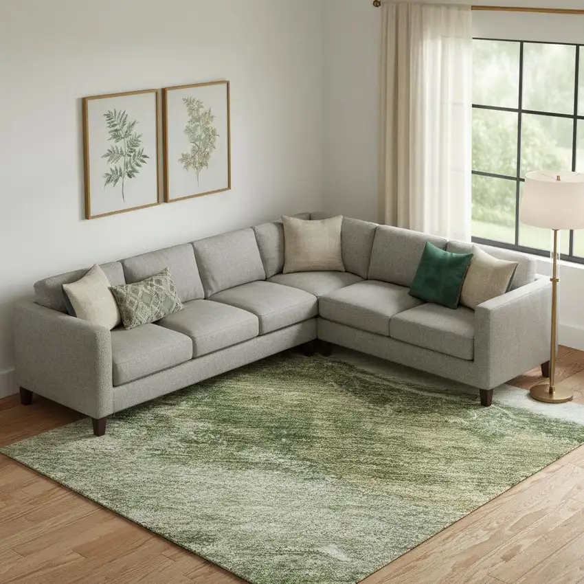 Green And Ivory Abstract Washable Area Rug With UV Protection Photo 2