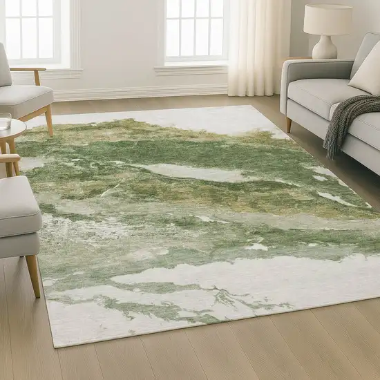 Green And Ivory Abstract Washable Area Rug With UV Protection Photo 5